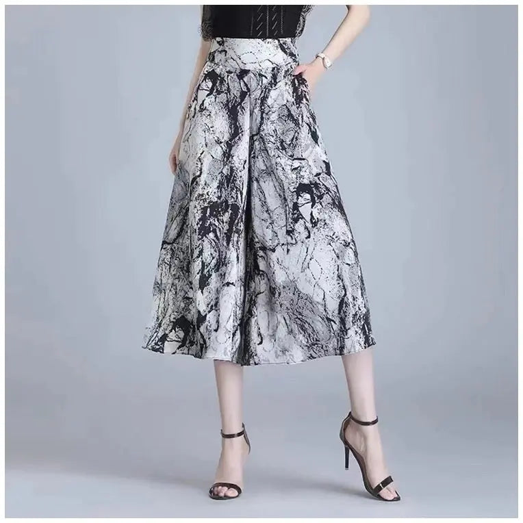 Slim And Casual High Waisted Printed Wide Leg Capris hercurva