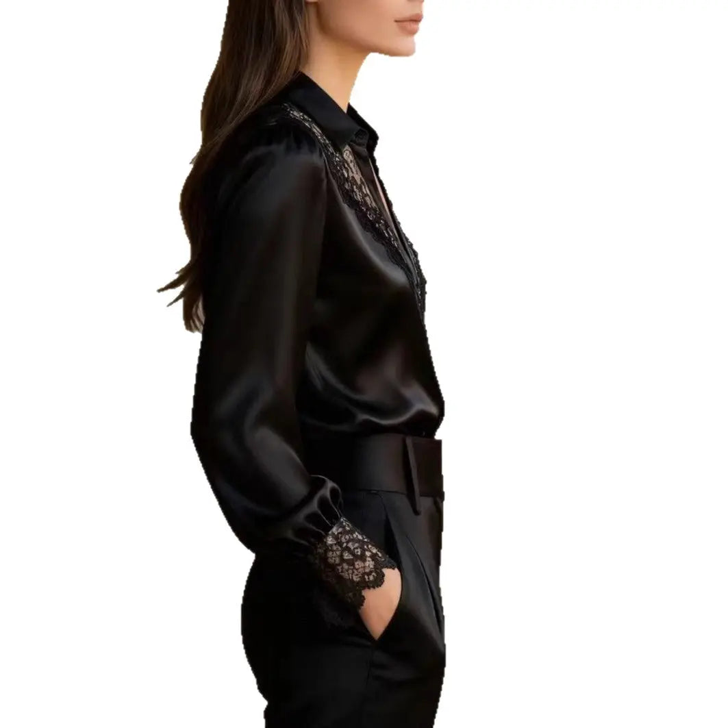 Women's Solid-Color Niche Lace V-Neck Puff-Sleeve Shirt hercurva