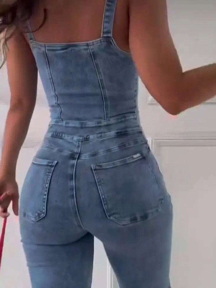 Sleeveless Paneled Zipper Denim Jumpsuit hercurva