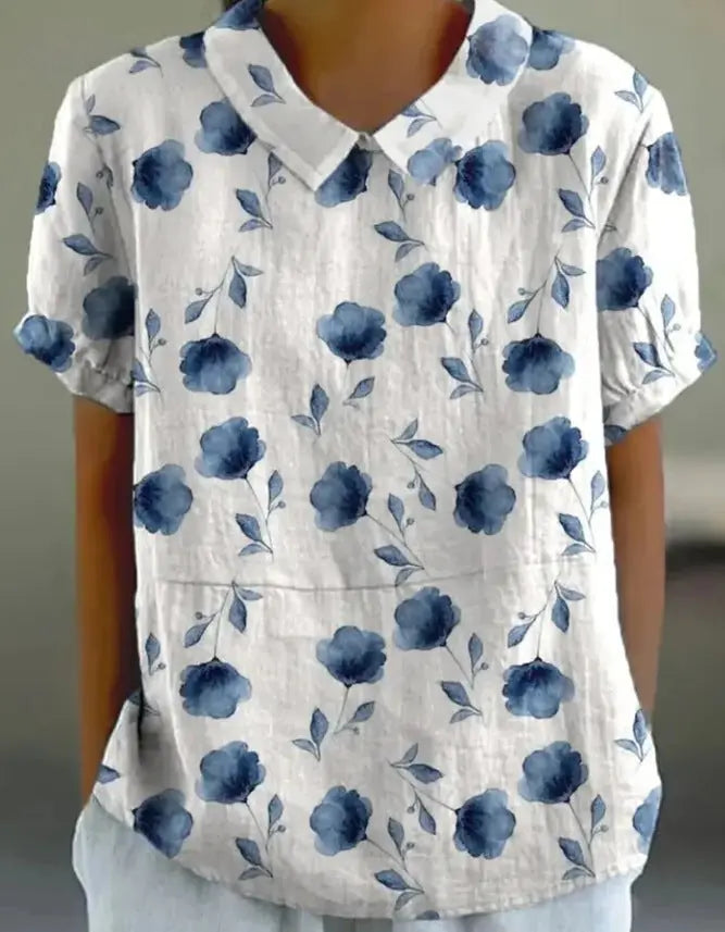 Women's Floral Stitching National Style Printing Lapel Short Sleeve hercurva
