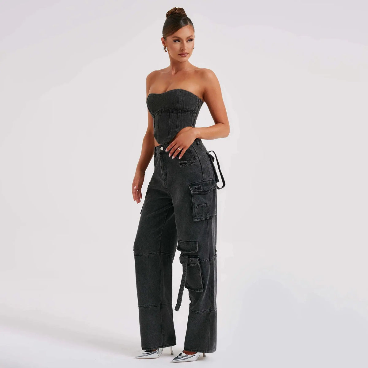 Women's Suit Low Waist Three-dimensional Tube Top And Pocket Stitching Jeans Pants hercurva