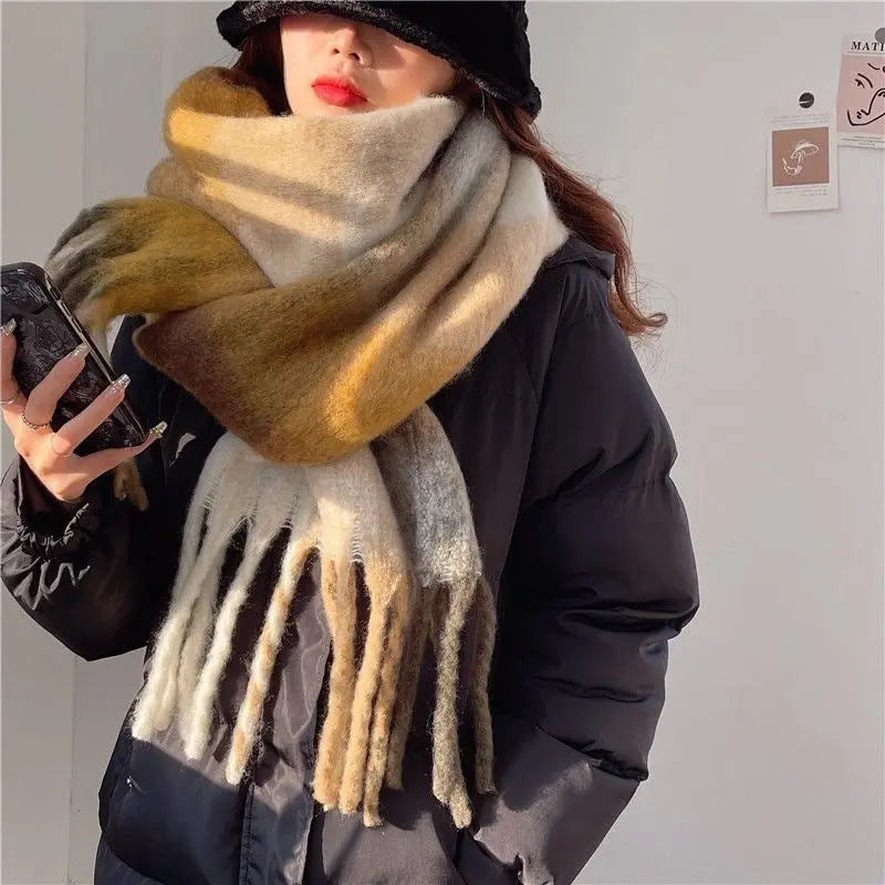 Women's Plaid Tassel Scarf Rainbow Color-blocking Shawl hercurva