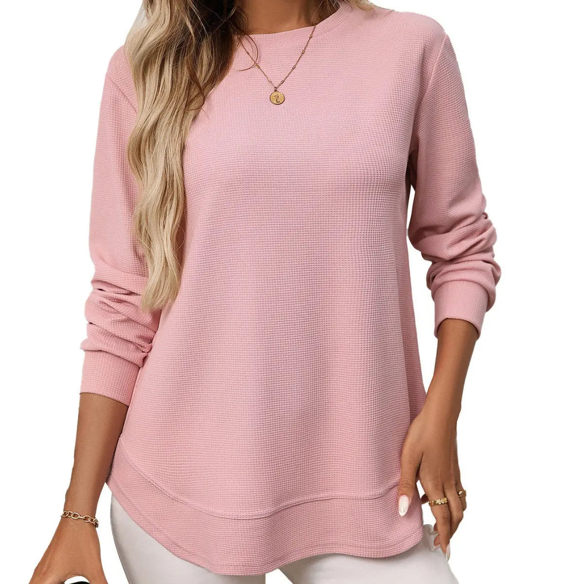 European And American Loose Waffle Casual All-match T-shirt Knitted Long Sleeve hercurva