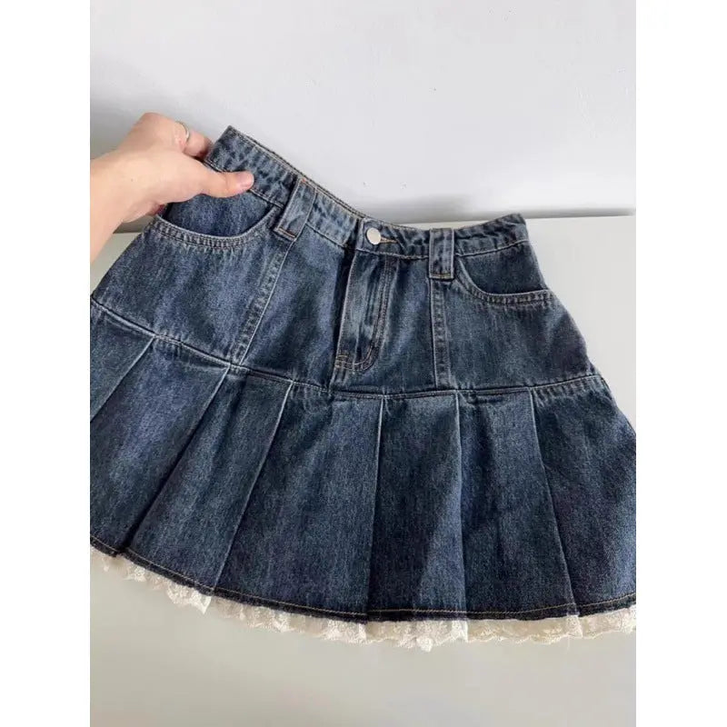 Women's Vintage Lace Pleated Denim Skirt hercurva