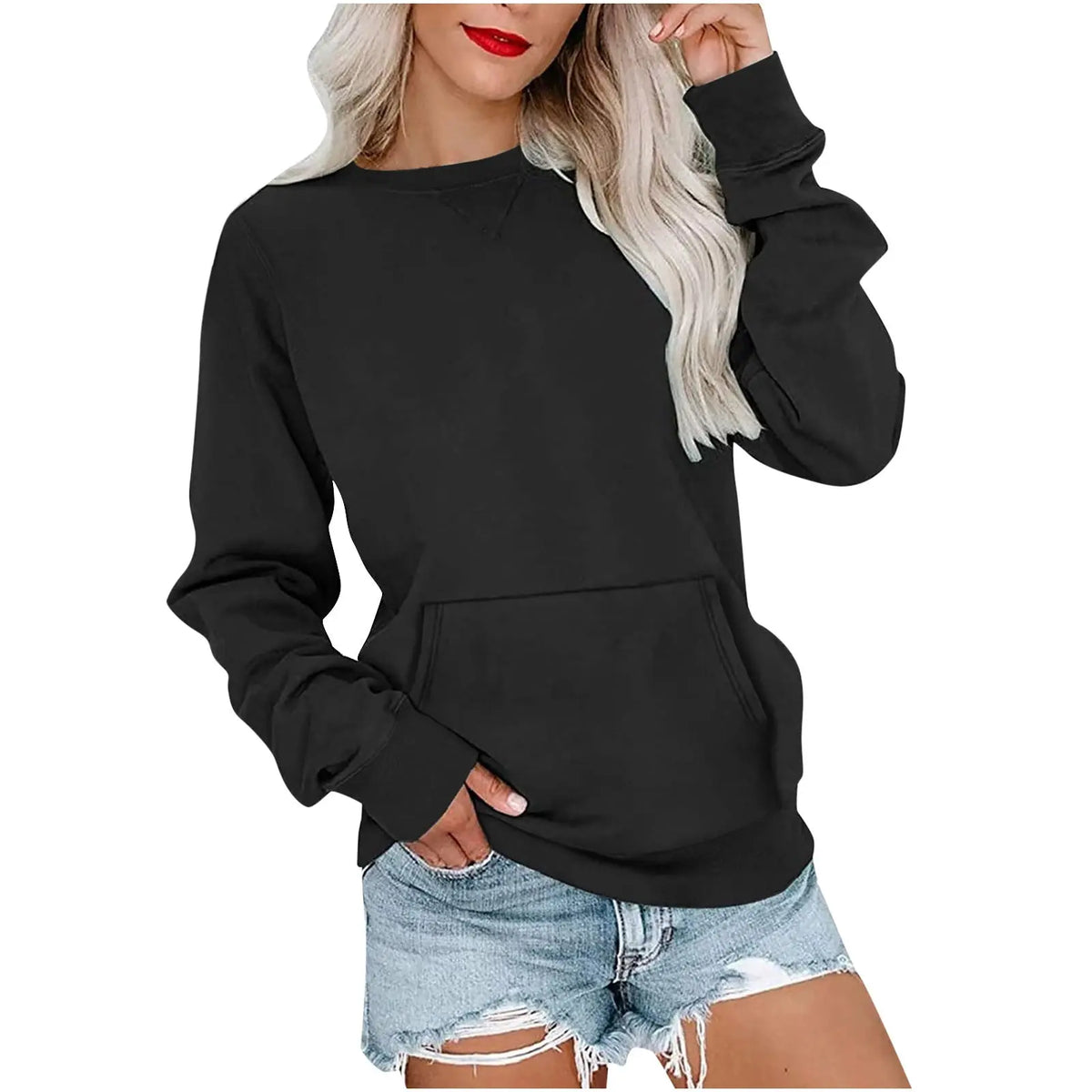 Solid Color Pullover Sweatshirt With Pocket Fashion Loose Round Neck Long Sleeves Top Womens Clothing hercurva