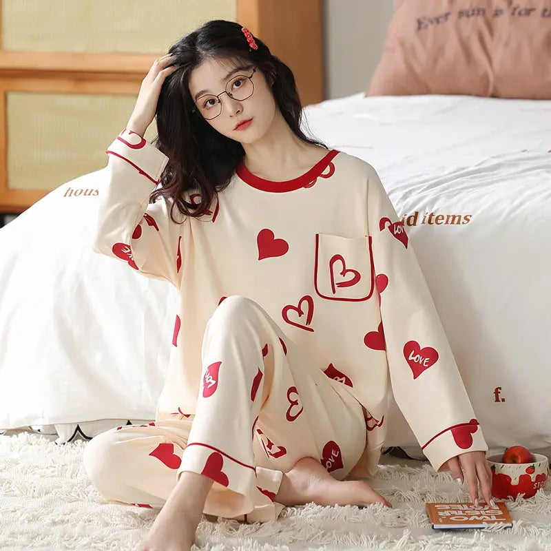 Loose Print Pajamas Women Autumn Winter Pyjama Set Long Sleeves And Trousers Elegant Sleepwear Girl Loungewear Home Clothes hercurva