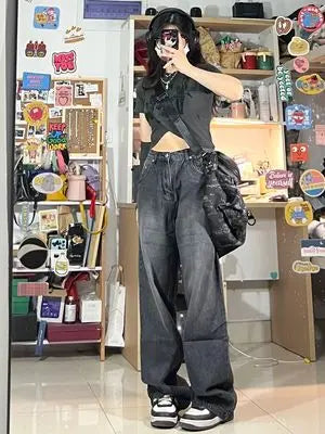 Black Jeans Women's High Waist Loose Straight Wide Leg Mopping Pants hercurva