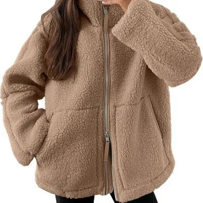 Women's Stand Collar Zipper Idle Style Lamb Wool Casual Cotton-padded Clothes Coat hercurva
