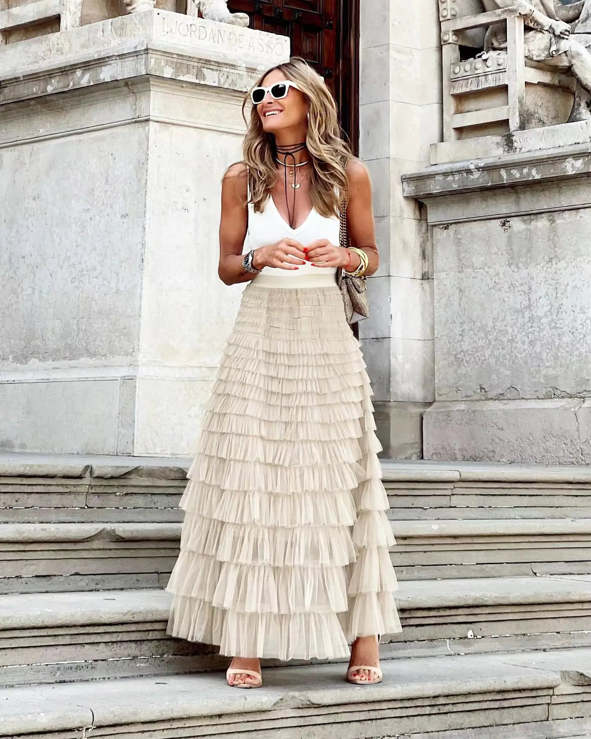 Layered Ruffles Cake Skirt Summer Fashion A Line Swing Mesh Long Skirt Party Dress Women hercurva