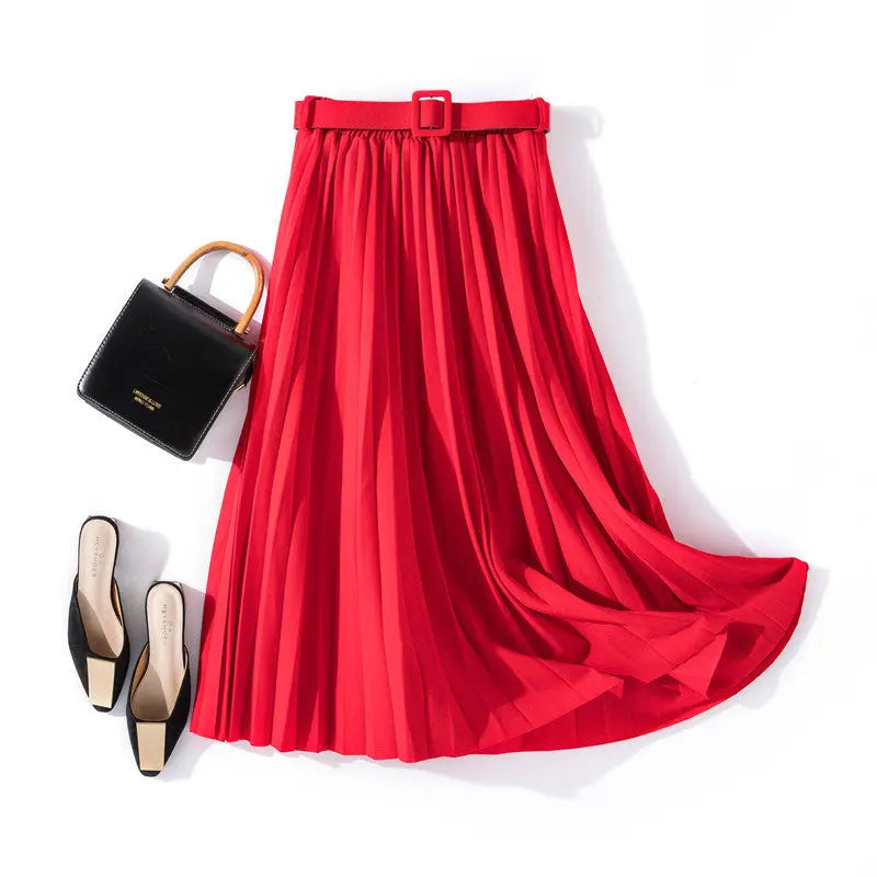 Solid Color Simple Organ Pleated Skirt Mid-length Skirt hercurva