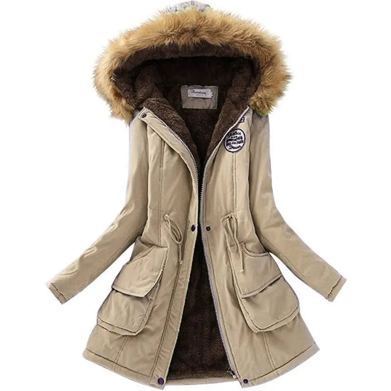 Long Women's Cotton-Padded Jacket With Wool Collar hercurva