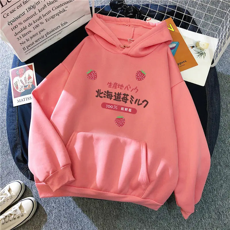 Candy Color Weatshirt Print Strawberry Figure Hooded Sweater hercurva