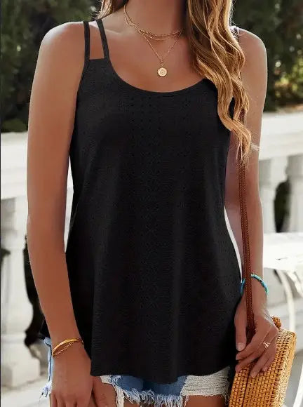 Eyelet Lettuce Trim Cami Top, Casual Sleeveless Scoop Neck Versatile Cami Top, Women's Clothing hercurva