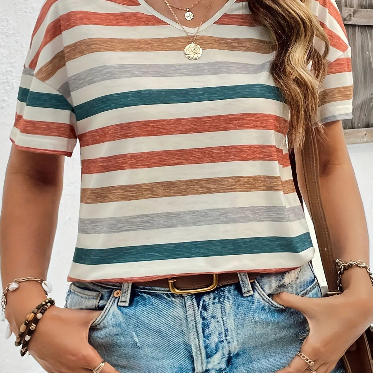 Casual Top Fashion Trend Stripes Short Sleeve Women V-neck hercurva