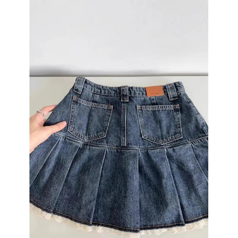 Women's Vintage Lace Pleated Denim Skirt hercurva