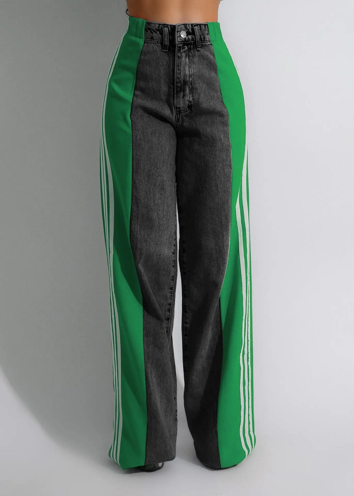 Fashion Casual High Waist Elastic Straight Leg Trousers Three Stripe Patchwork Denim Wide Leg Pants Streetwear hercurva