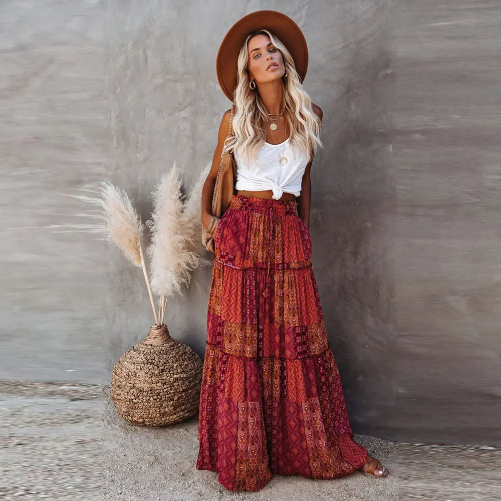 Bohemian Style Loose Casual High Waist Long Skirt hercurva
