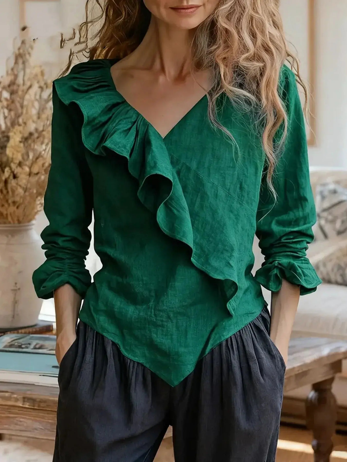 Womens Solid-Color V-Neck Casual Top With Ruffle Long Sleeves hercurva