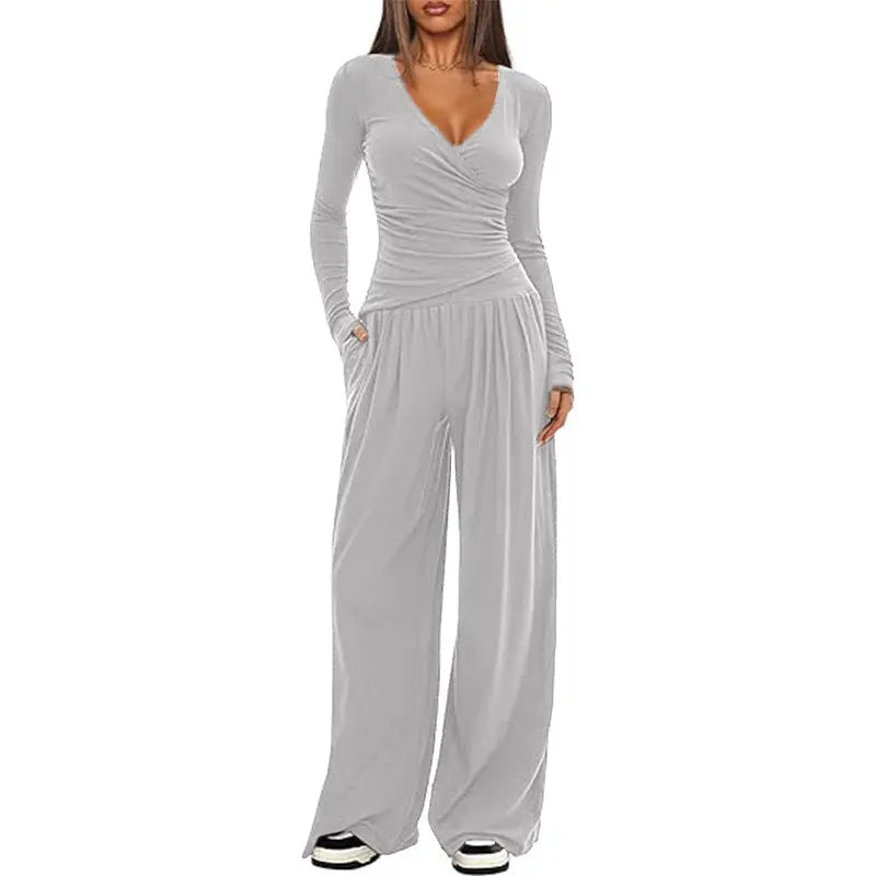 2 Pieces Women's V Neck Long-sleeve Sportswear Top And Wide-leg Pants Set Casual Comfortable Outfit Set For Daily Wear Gym Sports Outfit hercurva