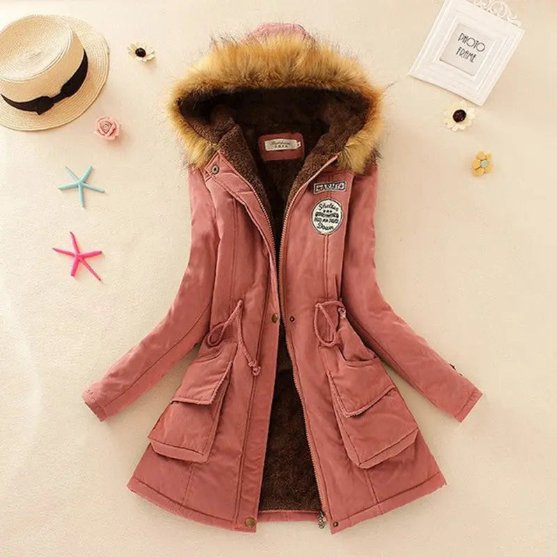 Long Women's Cotton-Padded Jacket With Wool Collar hercurva