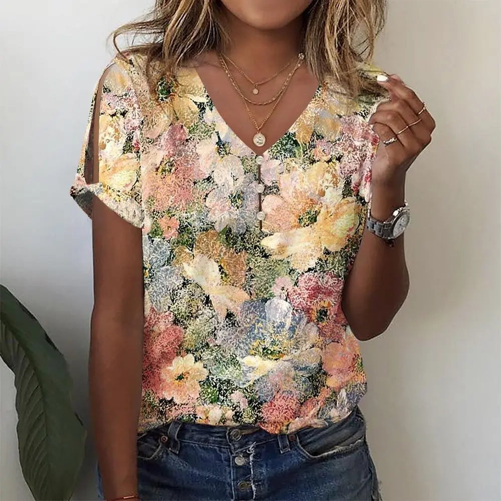 European And American 3d Printed Short Sleeve Summer Floral Button V-neck Ladies T-shirt hercurva