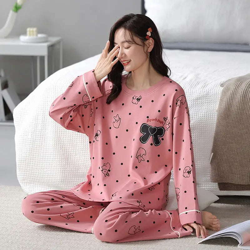 Loose Print Pajamas Women Autumn Winter Pyjama Set Long Sleeves And Trousers Elegant Sleepwear Girl Loungewear Home Clothes hercurva