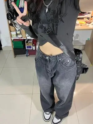 Black Jeans Women's High Waist Loose Straight Wide Leg Mopping Pants hercurva