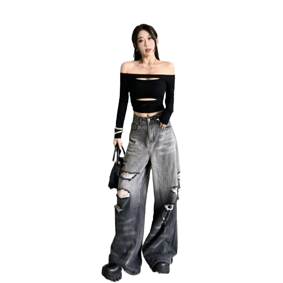 Gradient Color Big Ripped Hot Girl Wide Leg Jeans For Women hercurva