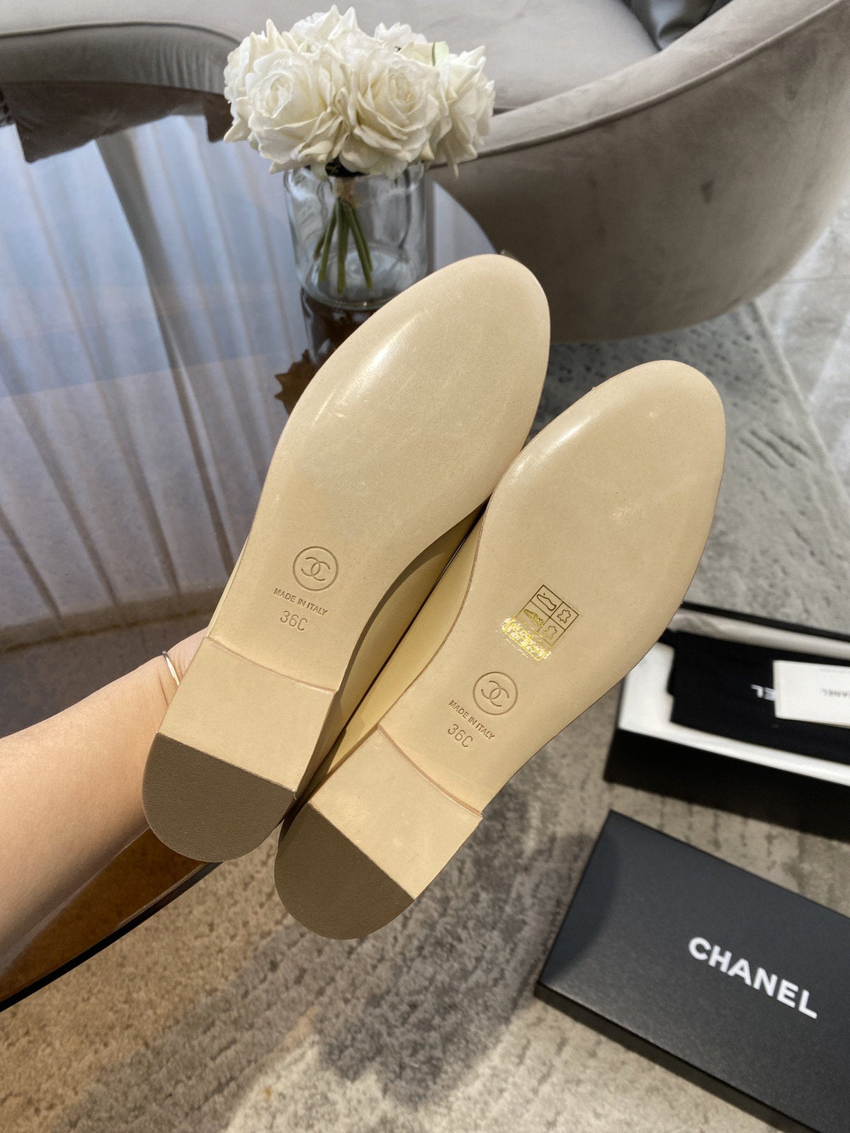 ballet flats beige gold lambskin canvas