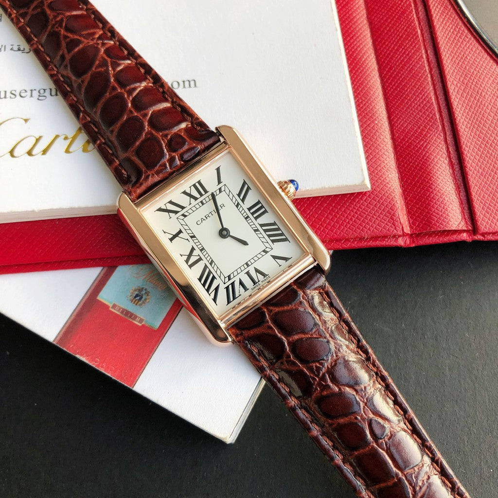 TANK SOLO QUARTZ PINK GOLD CASE BROWN LEATHER