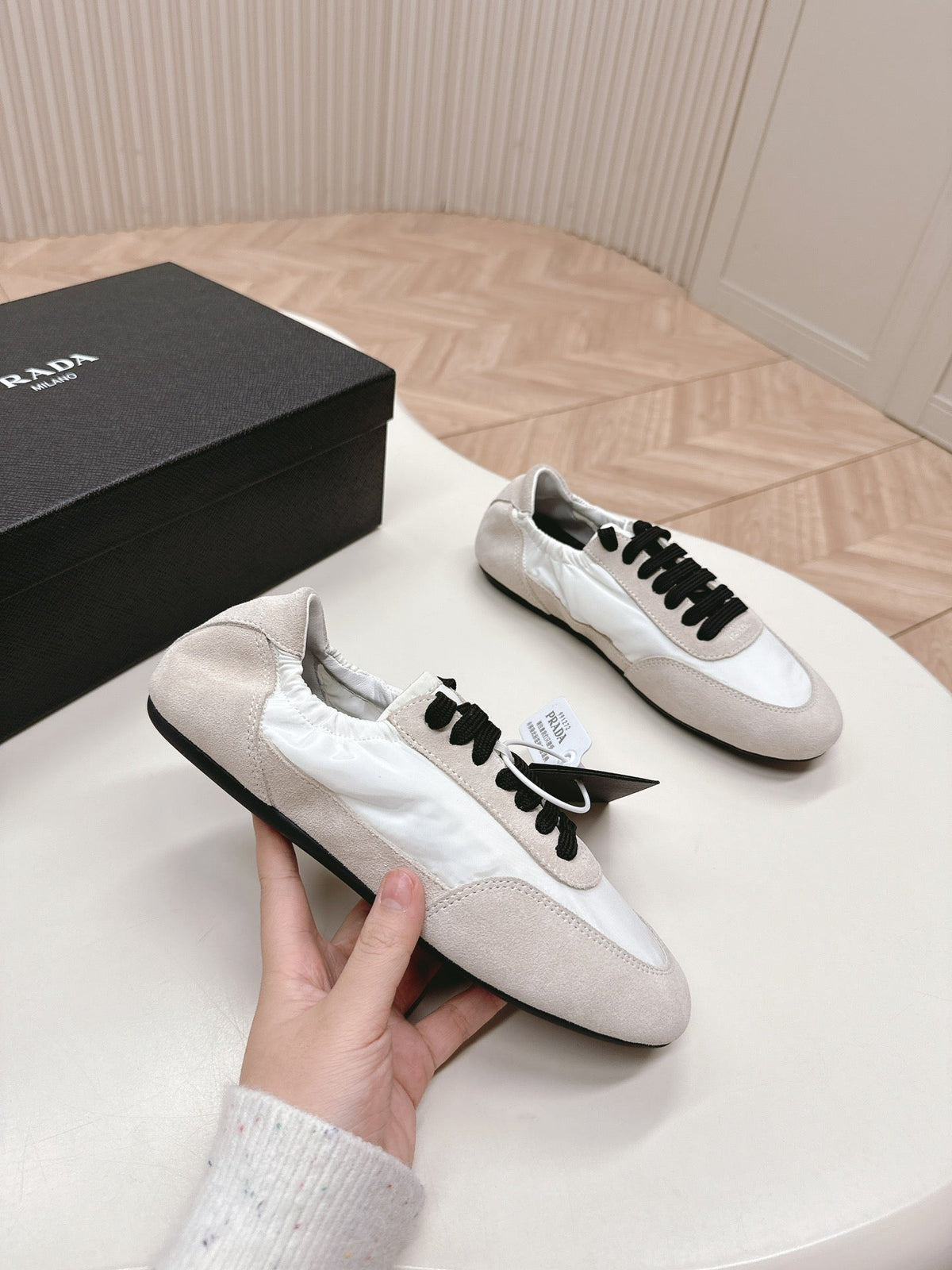 Prada Collapse Stretch Sneakers White mix Gray Recycled Nylon and Suede  154632