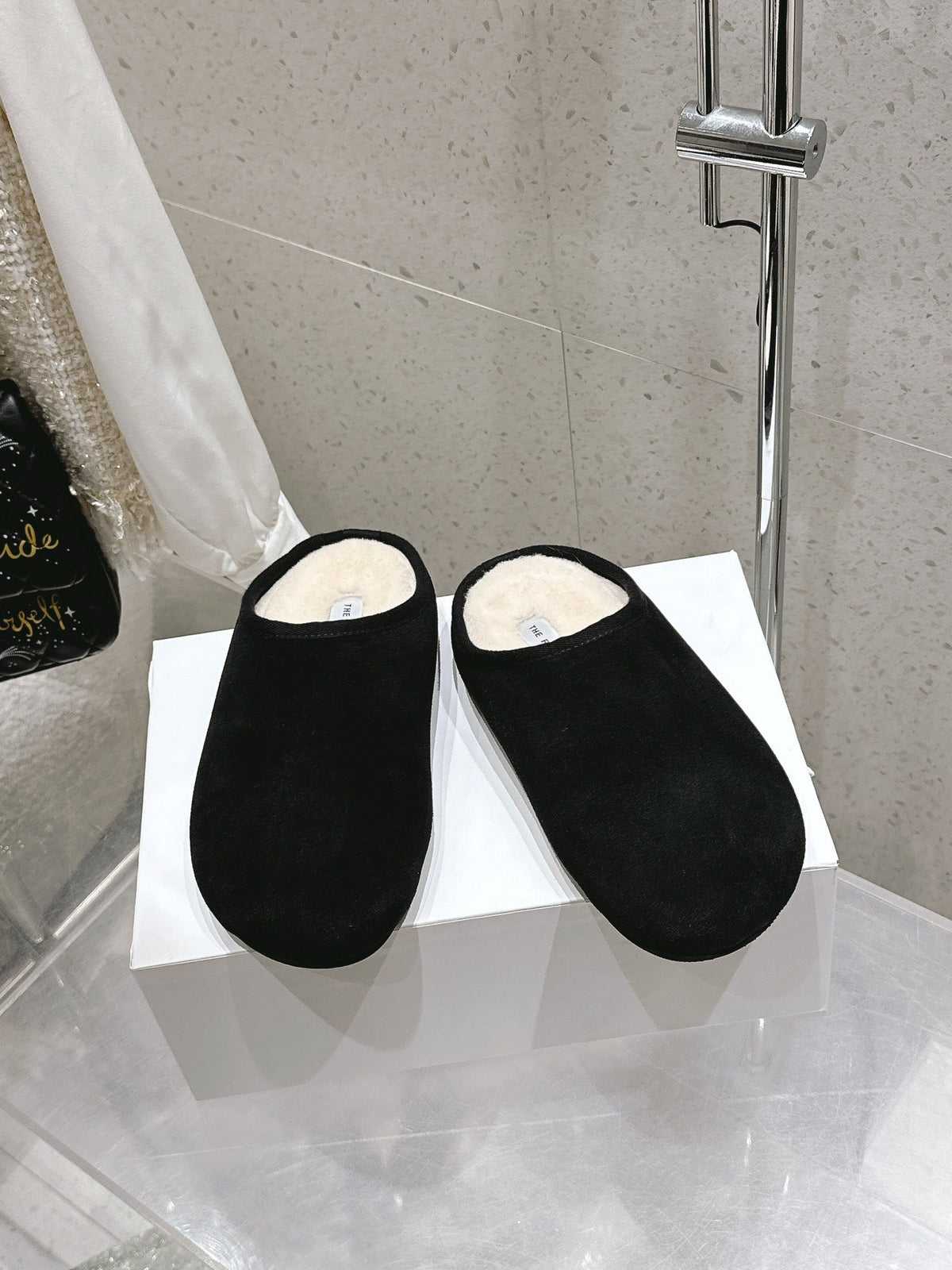 The Row Slipper Black White Cowhide Wool 402119