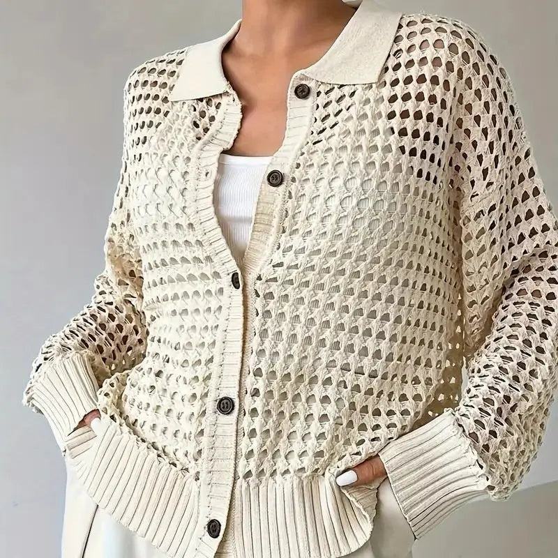 Hollow Single-breasted Lapel Oversized Knit Cardigan hercurva