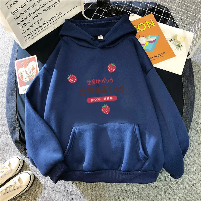 Candy Color Weatshirt Print Strawberry Figure Hooded Sweater hercurva
