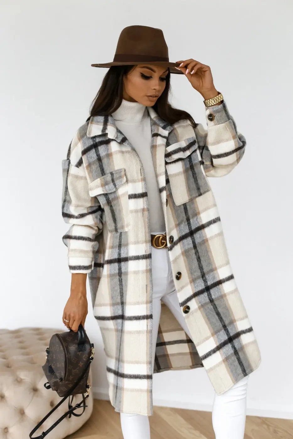 Button Lapel Casual Warm Plaid Long Woolen Coat hercurva