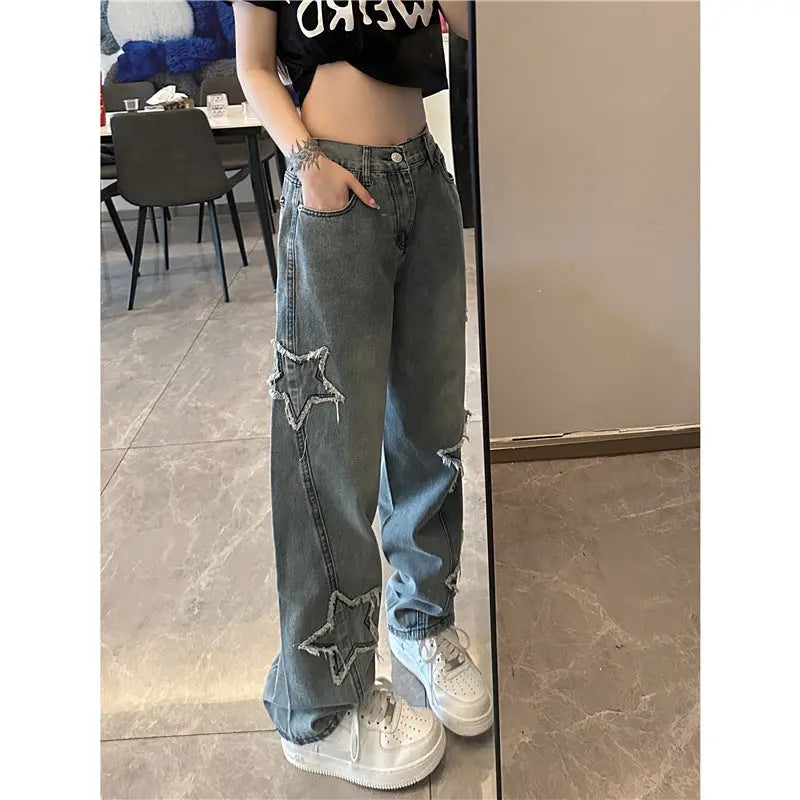 Blue XINGX Embroidered Jeans Women Loose Straight-leg Wide-leg Pants hercurva