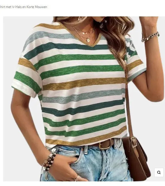 Casual Top Fashion Trend Stripes Short Sleeve Women V-neck hercurva