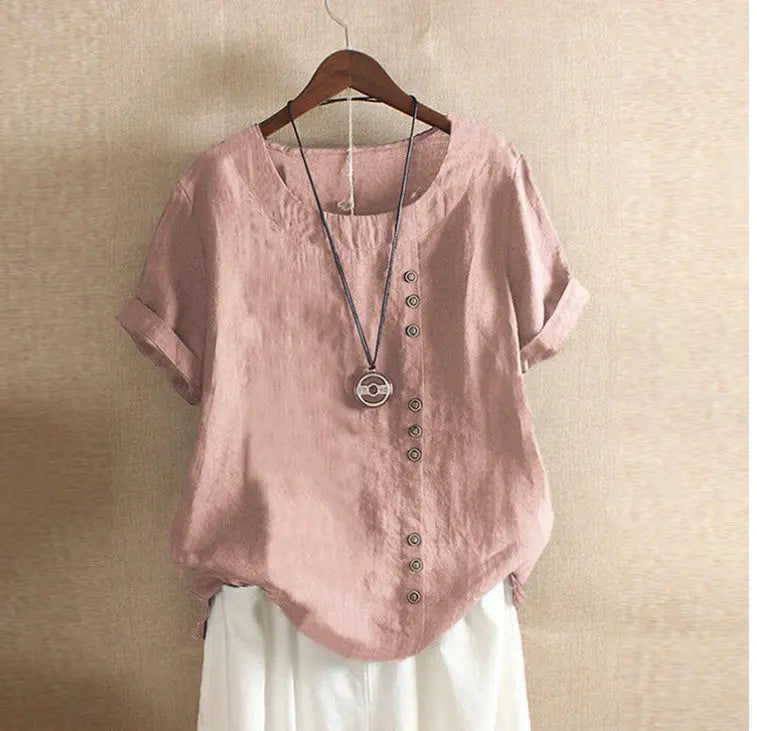 Retro Plus Size Casual Loose Cotton And Linen Short-sleeved Pullover T-shirt hercurva