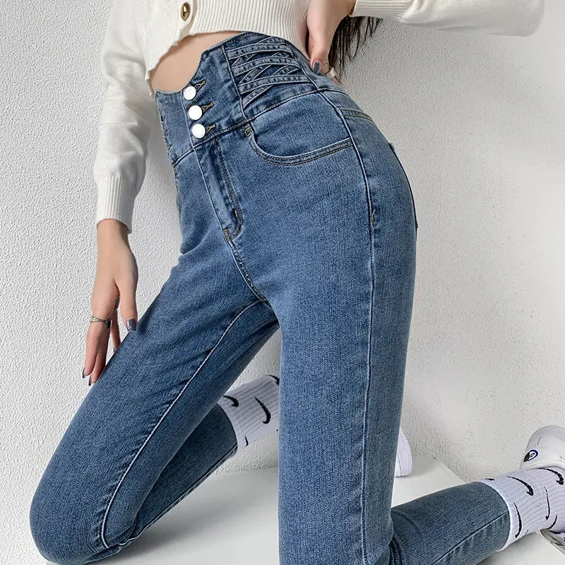 Tight High Waist And Small Feet Belly Women's Denim Trousers hercurva
