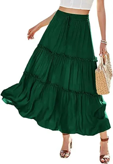 Women's Elastic High Waist A-Line Pleated Casual Maxi Dress hercurva
