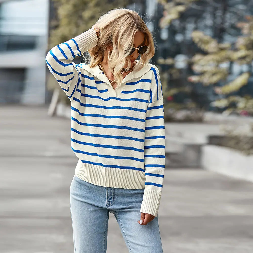 Women Striped Long Sleeve Pullover Sweater Casual Loose Polo V Neck Color Block Lightweight Knitted Fall Shirts Tops hercurva
