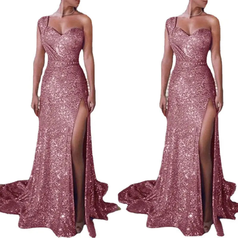 Women's Clothing One-shoulder Sleeveless Bronzing Split Dress hercurva