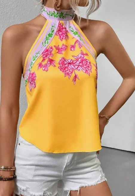 Printed Notched Neck Sleeveless Tank Top hercurva