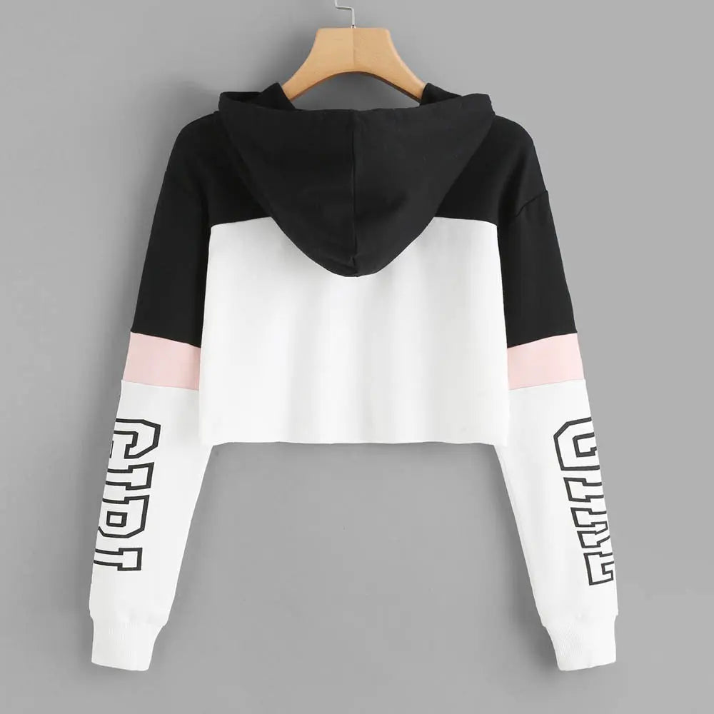 Crop Top Hoodie  Sweatshirt Hoodies Women Patchwork Lett hercurva