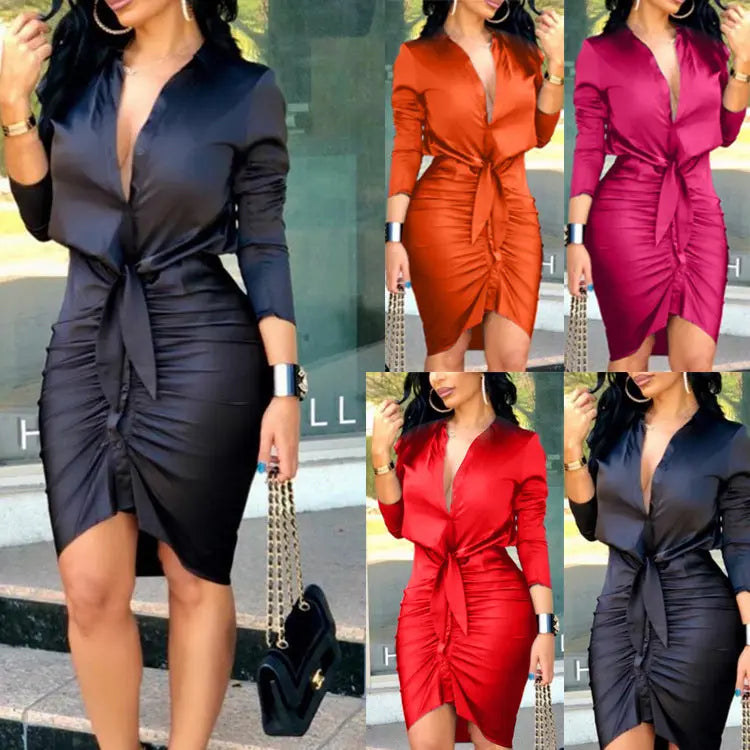 Women Lace-up Solid Color Long Sleeve Midi Dress Shirt Dress Elegant Fashion Party Dress hercurva