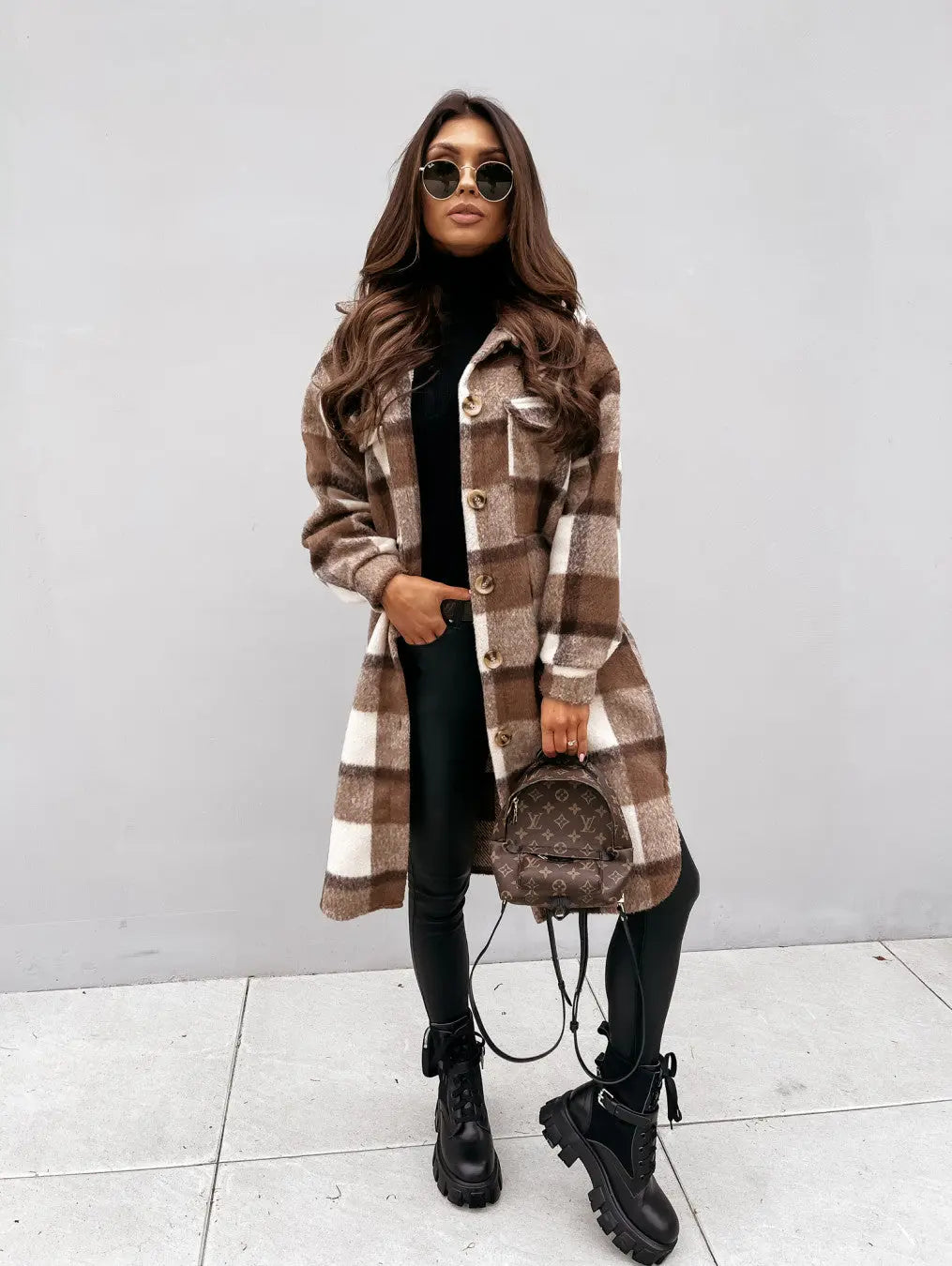 Button Lapel Casual Warm Plaid Long Woolen Coat hercurva