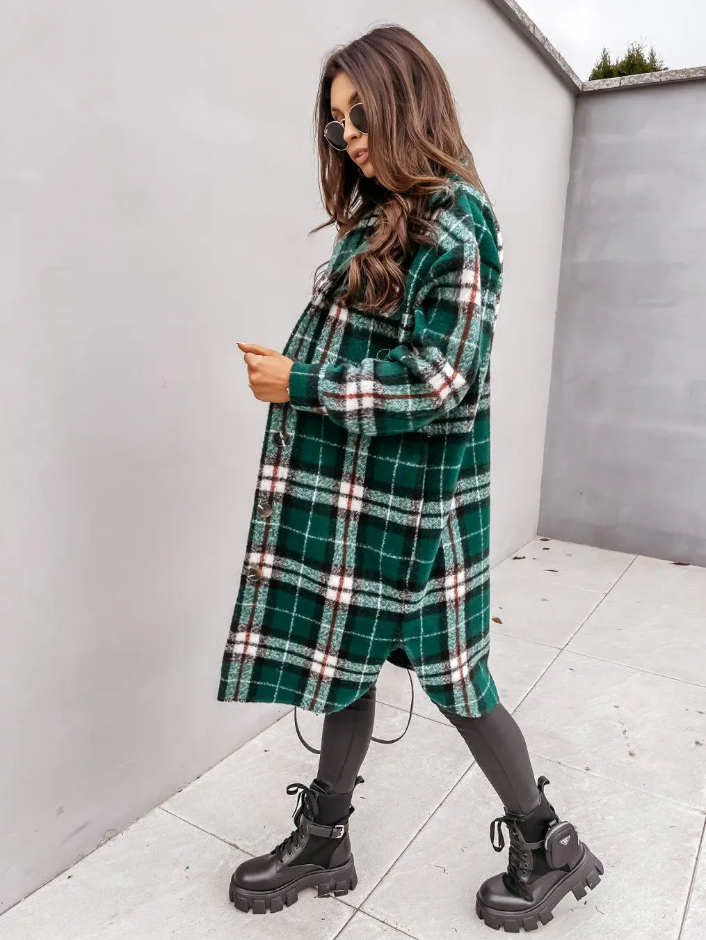 Button Lapel Casual Warm Plaid Long Woolen Coat hercurva