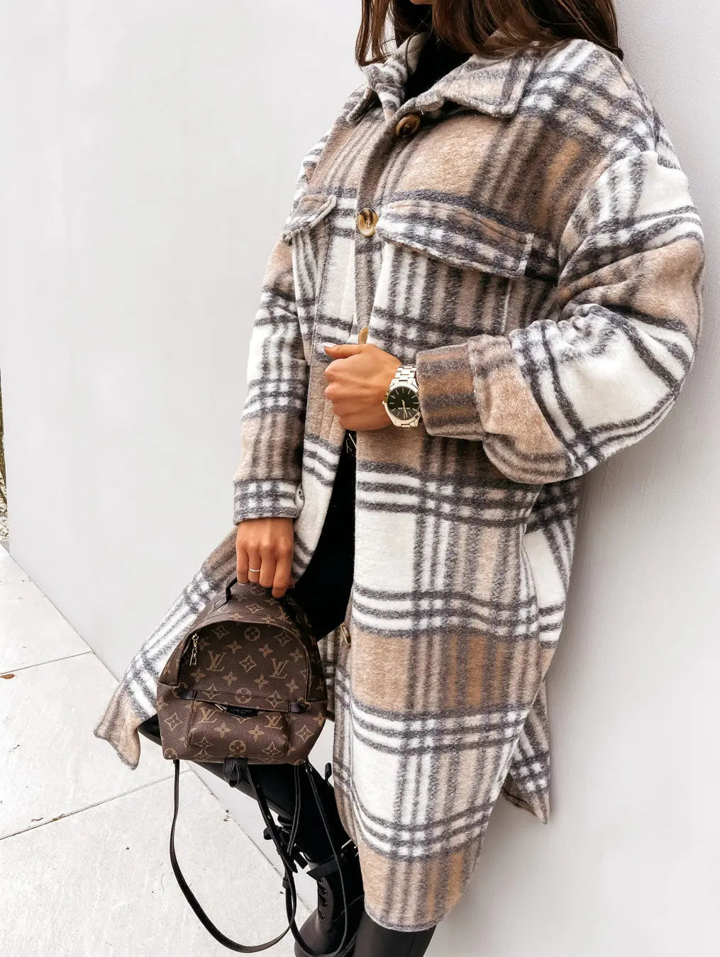 Button Lapel Casual Warm Plaid Long Woolen Coat hercurva