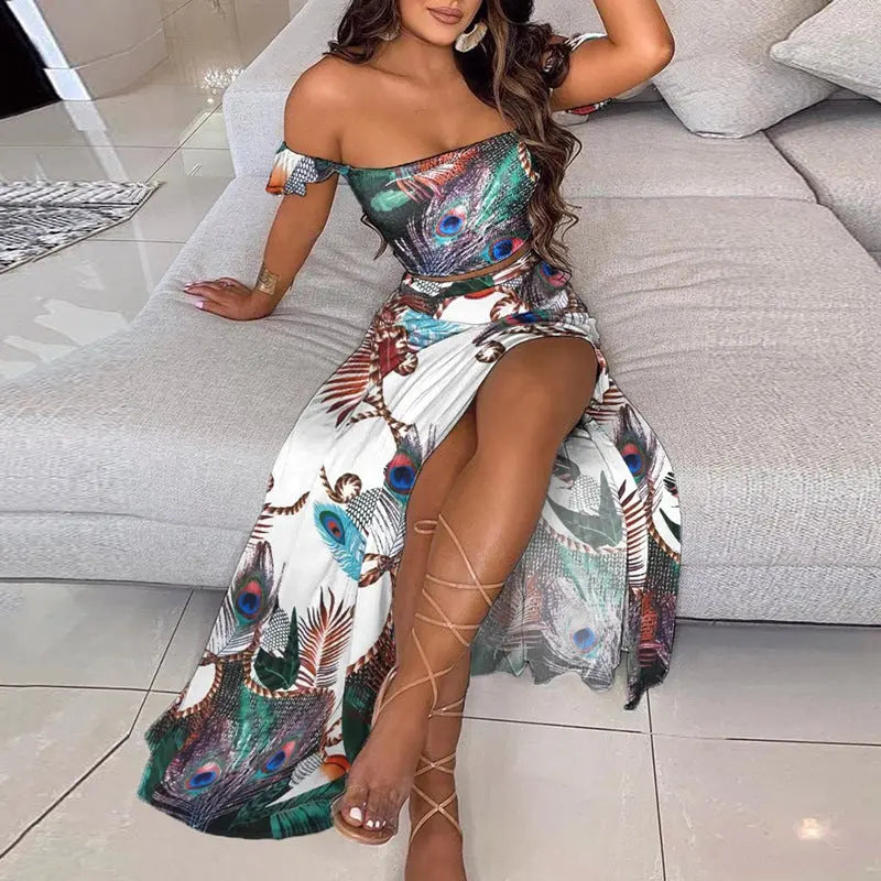 Summer Slim French Bohemian Print Mid-Length Retro Tube Top Suit Dress Women hercurva