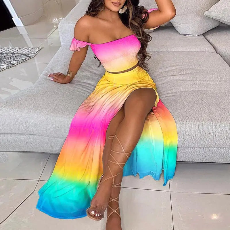 Summer Slim French Bohemian Print Mid-Length Retro Tube Top Suit Dress Women hercurva